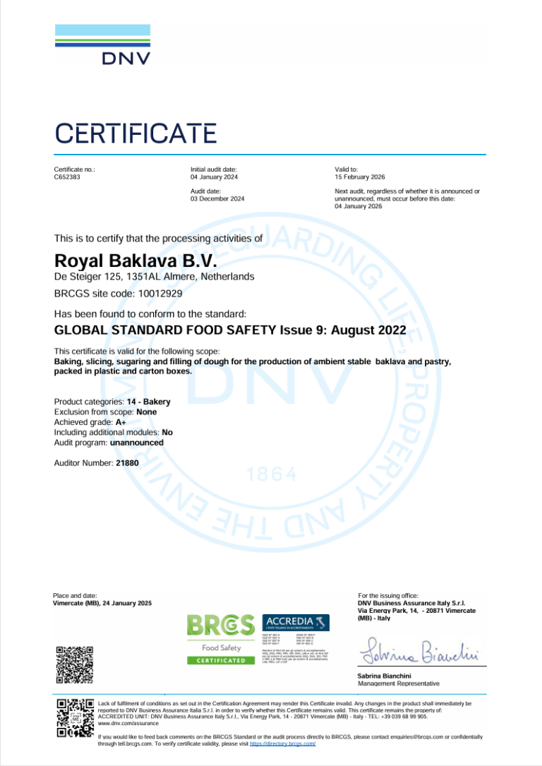 BRC Food certificaat Royal Baklava